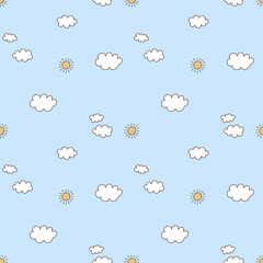 Cloudy sky seamless pattern. Doodle clouds and sun on a blue background. Vector simple hand-drawn background. Print for textiles and baby clothes, wrapping paper and wallpaper.