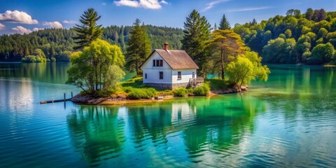 Obraz premium Serene small white house stands alone on a tiny island surrounded by calm turquoise waters of a peaceful lake on a sunny day.