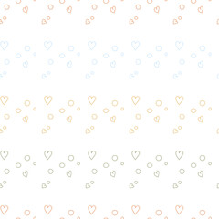 Hearts and circles seamless pattern. Hand-drawn doodle print. Simple naive style. Colored lines on a white background. Vector illustration for printing fabrics, packaging, kitchen textile.