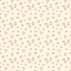 Hearts, coffee beans and circles seamless pattern. Hand-drawn doodle print. Simple naive style. Black lines on a beige background. Vector illustration for printing fabrics, packaging, kitchen textile.
