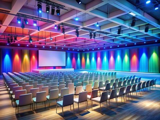 Fototapeta premium Colorful 3D illustration of a conference setup with rows of empty chairs and tables, stage with podium and screen, awaiting event commencement in a modern venue.