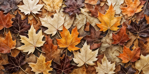 Autumnal Mosaic: Overlapping Leaves in Fall's Palette, Hues Shifting from Pale Yellows to Deep Browns, Capturing Nature’s Beauty - Generative AI