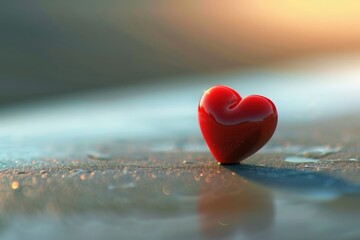 Fototapeta premium A small red heart sits on the wet surface, possibly symbolizing love or passion