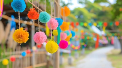 Colorful pom-pom decorations hanging, creating a vibrant atmosphere along a festive outdoor path, perfect for celebrations.