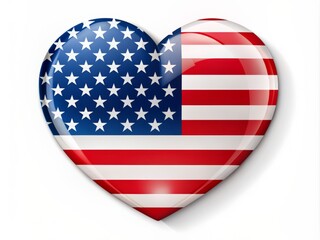 Fototapeta premium Vibrant heart shape formed by intricately arranged American flag stripes and stars on a white background, symbolizing patriotism, love, and national pride.