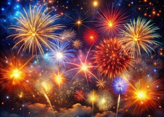 Naklejka premium Vibrant fireworks explode in a star-filled night sky, casting a kaleidoscope of colors, illuminating the darkness with bursts of red, gold, and blue radiant light.