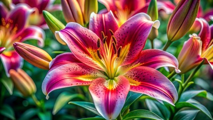 Fototapeta premium A Close-Up of a Pink Lily with Yellow Stamens and a Blurred Background, Flower, Lily, Blossom, Nature