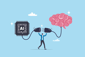 AI machine learning, neural network technology or human to work together with AI artificial intelligence, innovation technology concept, businessman connect human brain with AI chip processing unit.