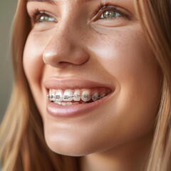 Fototapeta premium Close-up of a smiling mouth with braces on teeth, glossy lips, and smooth skin, on a light background.