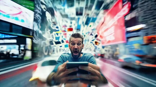 Bearded man with technophobia in panic looking at his smartphone gets sucked through Manhattan at warp speed as fake social media icons swirl around him in a vortex.
