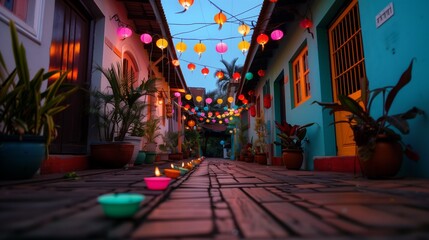 An alleyway lined with colorful houses and lit by string lights