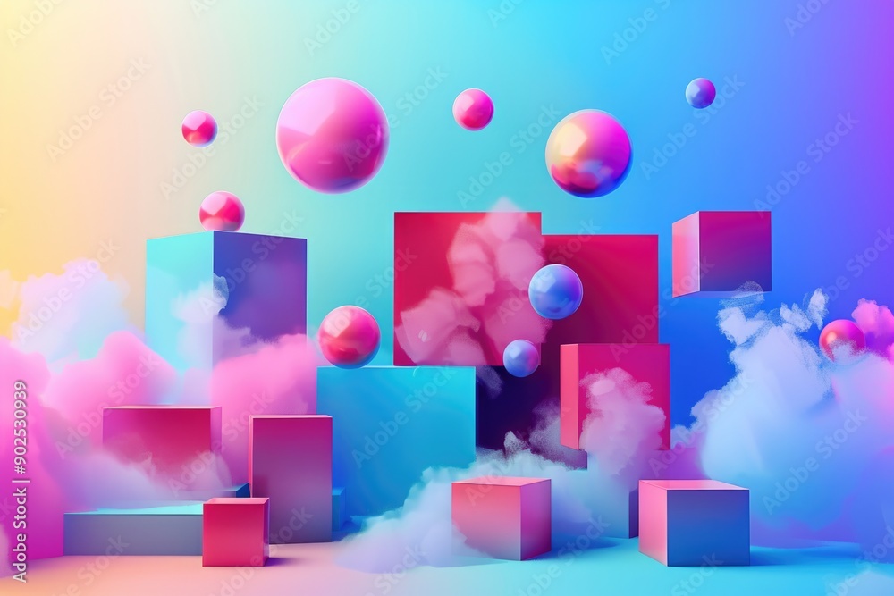 Poster A group of colorful cubes suspended in mid-air, creating a whimsical and abstract scene