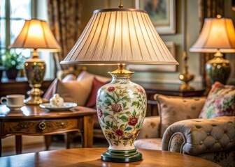 Ornate table lamp with decorative ceramic base and intricate floral motifs adds touch of vintage elegance to traditional living room's classic furniture setting.