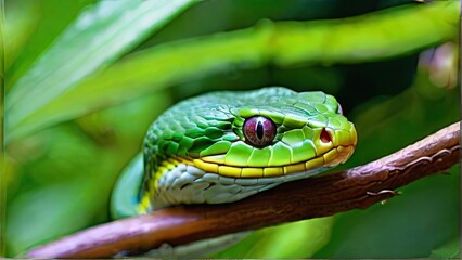 Fototapeta premium A striking green tree snake rests calmly on a branch, blending beautifully with the vibrant foliage of its tropical habitat