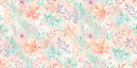 Obraz premium Softly blended watercolor background featuring a seamless pattern of delicate pastel hues in gentle shades of peach, mint, and lavender.