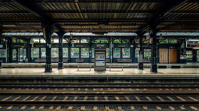 un quai de gare vide avec les rails de train au premier plan