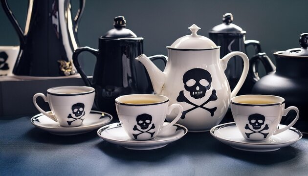 coffee and tea set with skull and crossbones