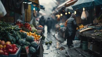 Naklejka premium A wet street filled with fresh produce, ideal for use in scenes about daily life, commerce, or urban settings