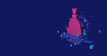 Naklejka premium Pink princess symbol on a pedestal of abstract geometric shapes floating in the air. Abstract concept art with flying shapes on the right. 3d illustration on indigo background