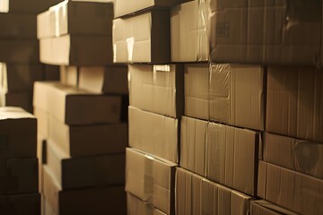 Stacks of cardboard boxes in a dimly lit storage area.
