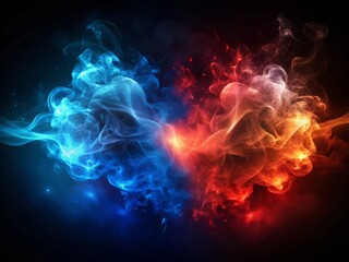 Blue vs red smoke effect black vector background. Abstract neon flame cloud with dust cold versus hot concept. Sport boxing battle competition fog transparent wallpaper design. Police digital banner
