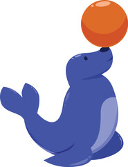 Blue circus seal balancing orange ball on its nose