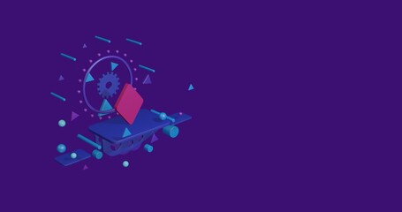 Fototapeta premium Pink diamond on a pedestal of abstract geometric shapes floating in the air. Abstract concept art with flying shapes on the left. 3d illustration on deep purple background