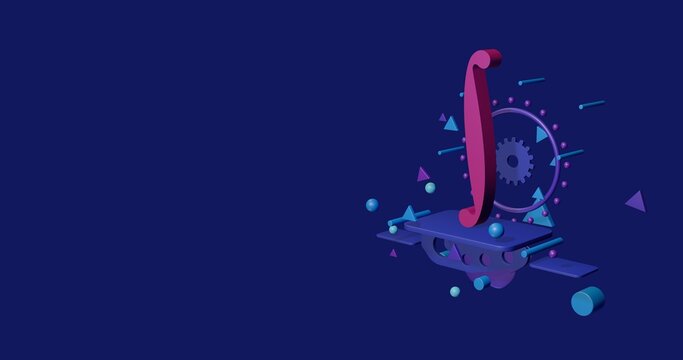Pink integral symbol on a pedestal of abstract geometric shapes floating in the air. Abstract concept art with flying shapes on the right. 3d illustration on indigo background