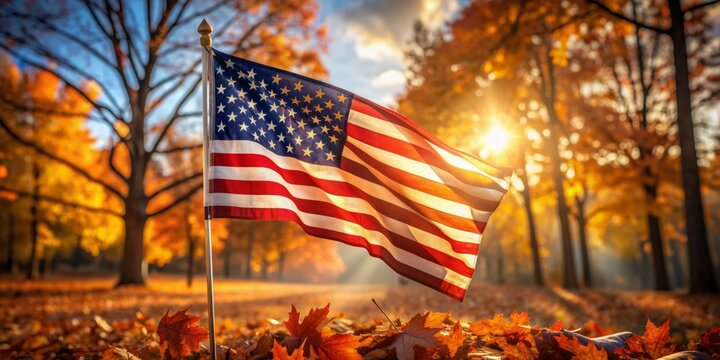 Solemn Patriotic memorial scene featuring an unfurled American flag backdrop amidst gently fluttering autumn leaves, evoking feelings of national pride and somber remembrance.