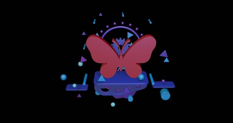 Red butterfly symbol on a pedestal of abstract geometric shapes floating in the air. Abstract concept art with flying shapes in the center. 3d illustration on black background
