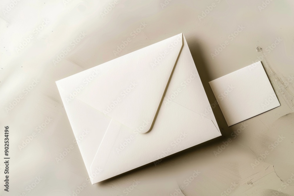 Poster a white envelope and a greeting card sit on a table