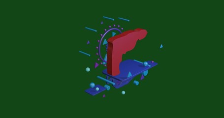 Red electric drill symbol on a pedestal of abstract geometric shapes floating in the air. Abstract concept art with flying shapes in the center. 3d illustration on green background