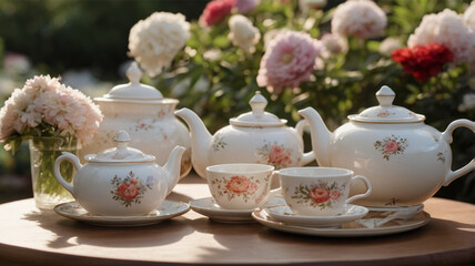 Fototapeta premium Afternoon tea set in the flower garden