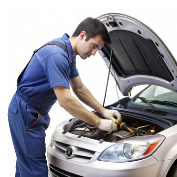 Mechanic repairing car engine with tools, automotive maintenance, isolated image