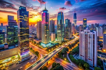 Vibrant cityscape featuring sleek skyscrapers, bustling streets, and neon lights, capturing the dynamic spirit of urban life in a modern metropolitan hub.