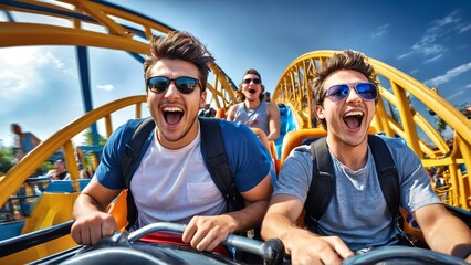 Two men enjoy a thrilling roller coaster ride at an amusement park