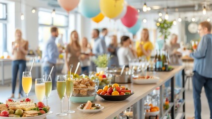 A vibrant party scene with delicious food and drinks, featuring cheerful guests celebrating in a festive atmosphere.