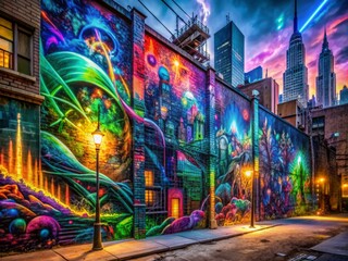 Vibrant graffiti splashes across a drab wall, morphing into a dystopian cityscape with twisted metal, neon lights, and abstract shapes in a mesmerizing urban art fusion.