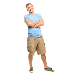 Man, portrait and arms crossed in studio with fashion in casual style, trendy outfit or confidence...