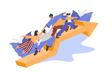 teamwork focus on goals, increase motivation. Way to achieve goals with support. Help overcome obstacles, business people, business development up arrow. Vector flat illustration