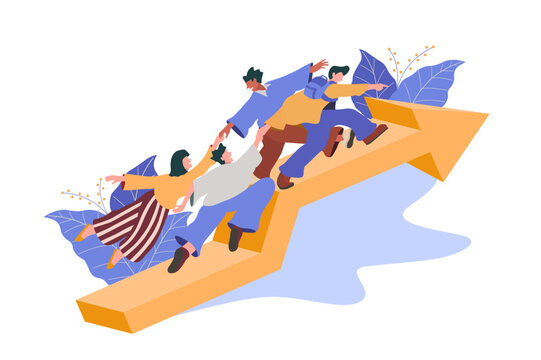 teamwork focus on goals, increase motivation. Way to achieve goals with support. Help overcome obstacles, business people, business development up arrow. Vector flat illustration