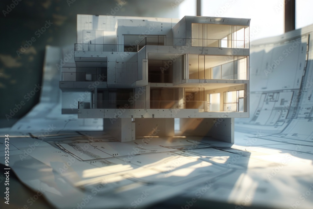 Poster a model of a building sitting on a blueprint, perfect for architectural designs or office settings