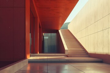 Obraz premium A modern hallway with a staircase and a bold red accent wall, ideal for use in interior design or real estate photography