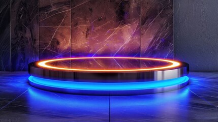 A large, circular stage with neon lights and a blue and purple background