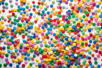 Vibrant confetti dots in various colors scattered randomly on a clean white background, creating a playful and festive abstract backdrop with a top view perspective.
