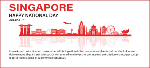 Print  Singapore skyline with a red color scheme and a greeting for Singapore's National Day on August 9th. The design includes iconic landmarks and a plane flying overhead, symbolizing celebration