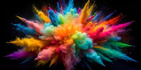 Vibrant colored powder bursts into a stunning cloud-like shape against a dark black background, creating a mesmerizing, dynamic, and abstract artistic explosion of hues.