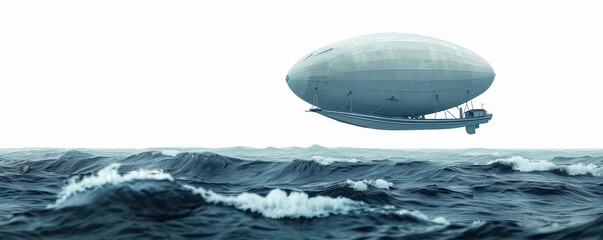 Fototapeta premium A large blimp hovers over the rough ocean waves, creating a striking contrast between the air and sea.