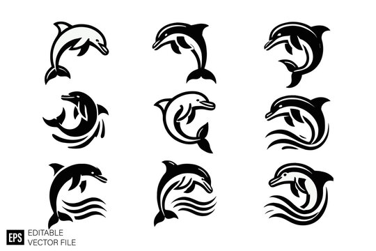 dolphine set black and white vector clip art silhouette graphic design