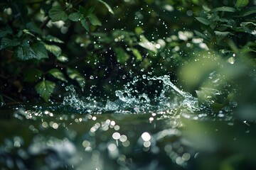 A close-up view of water splashing amidst lush green foliage.